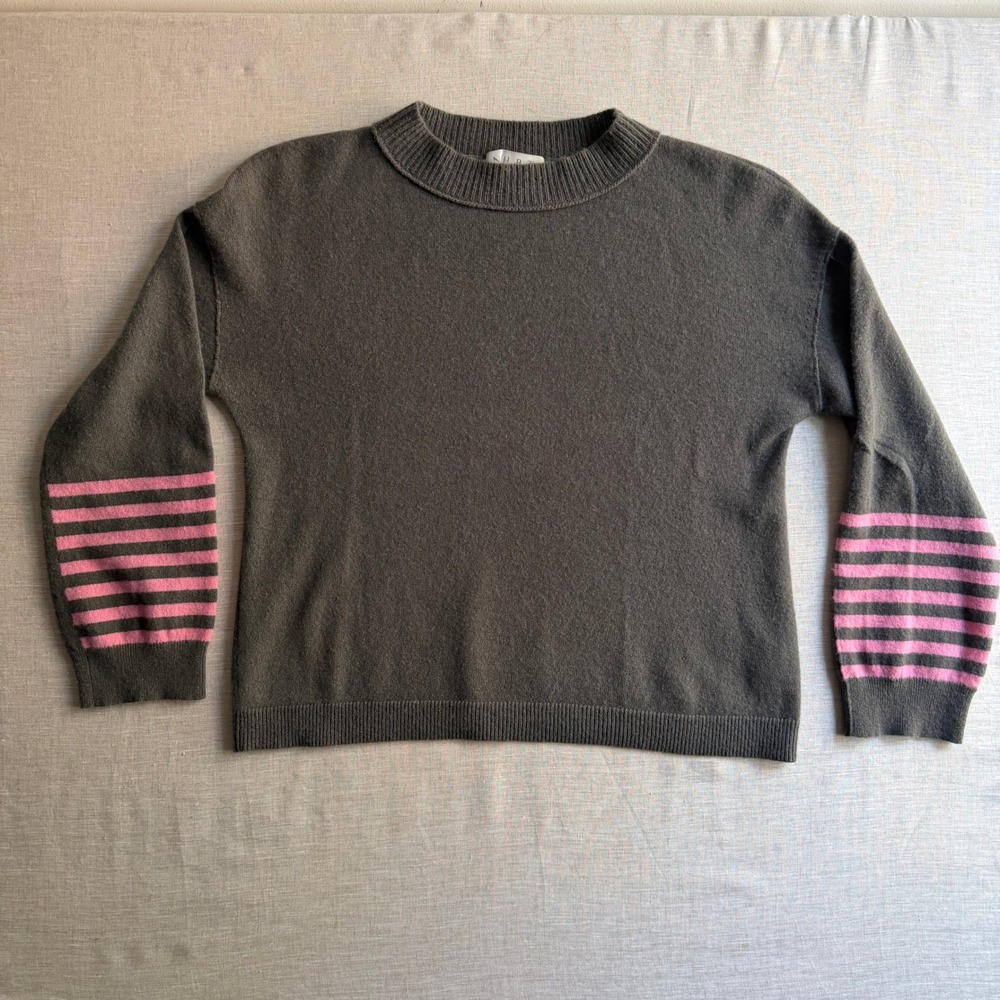 NHBT Cashmere Striped Sleeve Crewneck Sweater Gray Pink Wool Luxury Preppy L